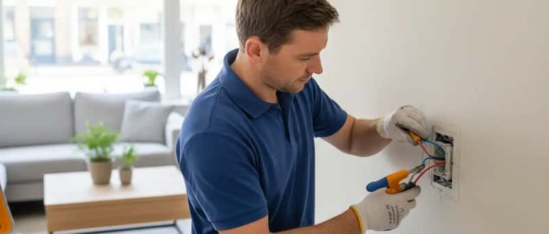 Elektricien installeert een nieuw stopcontact in een lichte Nederlandse woonkamer