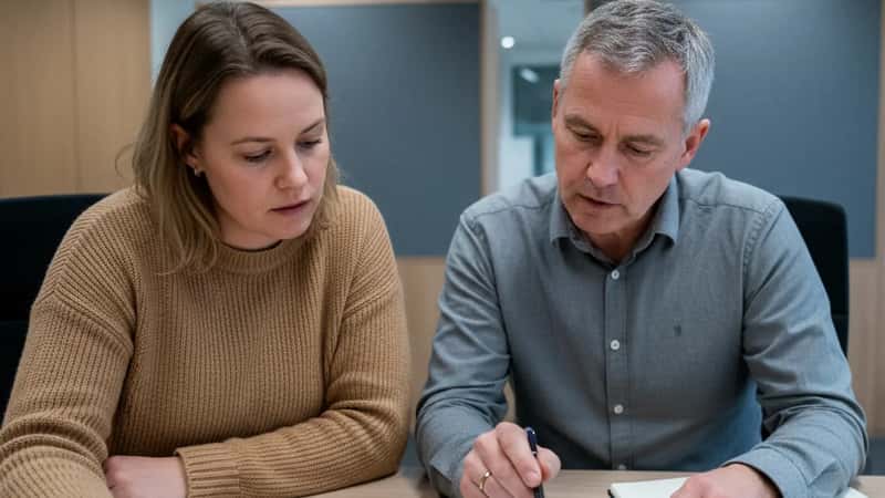 Ergoterapeutforeningens tillidsrepræsentant og ergoterapeut gennemgår løntabel og overenskomstsatser i Odense