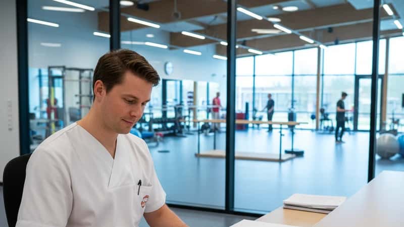Kommunalt ansat fysioterapeut i Aalborg udfylder lønrelaterede dokumenter ved hospitalsadministrationsdesk