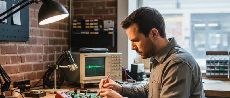 Technicien électronique réparant un circuit imprimé dans un atelier de Montréal