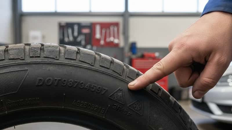 Flanc de pneu montrant le symbole 3PMSF et le code DOT dans un garage à Strasbourg