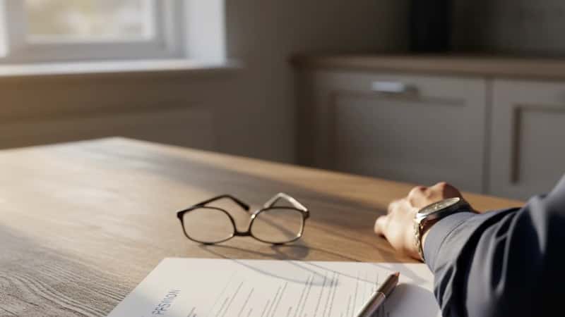 Pensionsopgørelse og serviceuniform på køkkenbord i Kolding