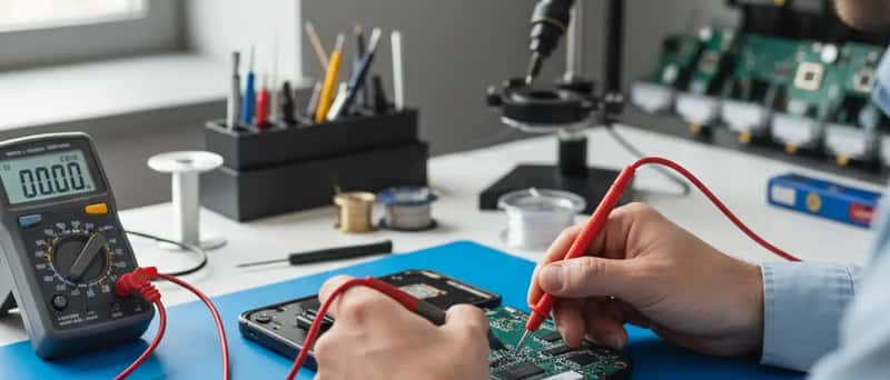 Technicien en électronique testant une carte mère de smartphone avec un multimètre dans un atelier de réparation