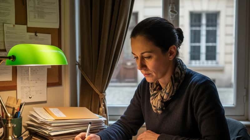 Concierge française consultant un carnet de maintenance dans sa loge à Paris, lampe de bureau allumée, documents administratifs sur le bureau