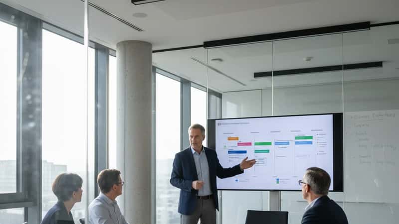 Un CISO en réunion de crise présente la chronologie d'un incident à son équipe dans un campus tech à Zurich