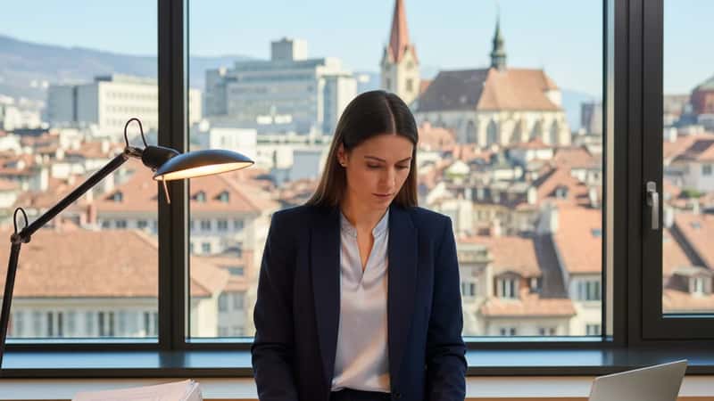 Une responsable de la conformité numérique examine des documents réglementaires à son bureau dans un bureau lausannois