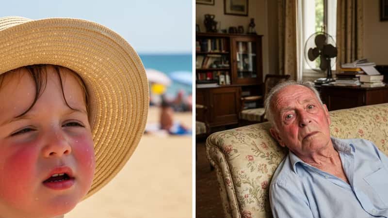 Comparaison insolation vs coup de chaleur : enfant au soleil sur une plage française vs homme âgé avec peau sèche dans un appartement surchauffé