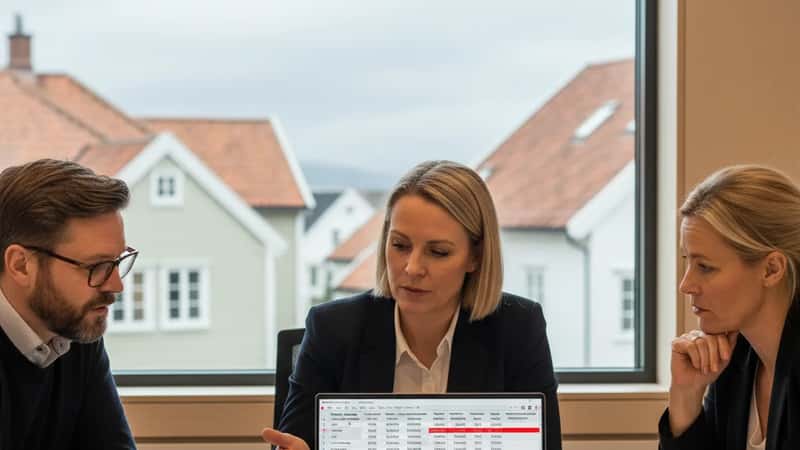 Styrer og to kolleger i Bergen gjennomgår lønnsforhandlingsark på laptop