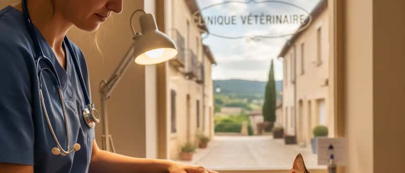 Vétérinaire examinant un chat sur une table d'examen dans une clinique canadienne