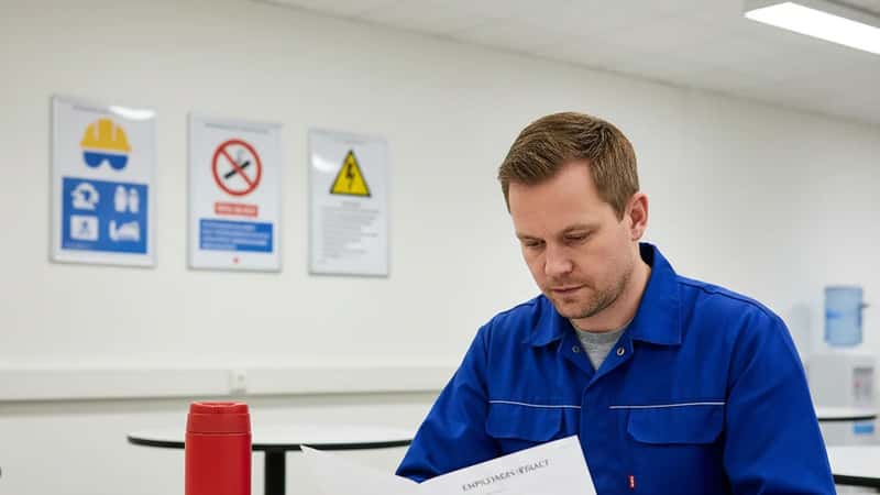 Norsk mekaniker gjennomgår arbeidskontrakt i pauserommet på verkstedet i Stavanger