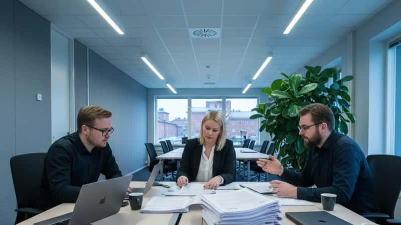 Kolme suomalaista ammattilaista — HR-johtaja, insinööri ja luottamushenkilö — istuu neuvottelupöydän ääressä TES-dokumenttien kanssa Tampereella