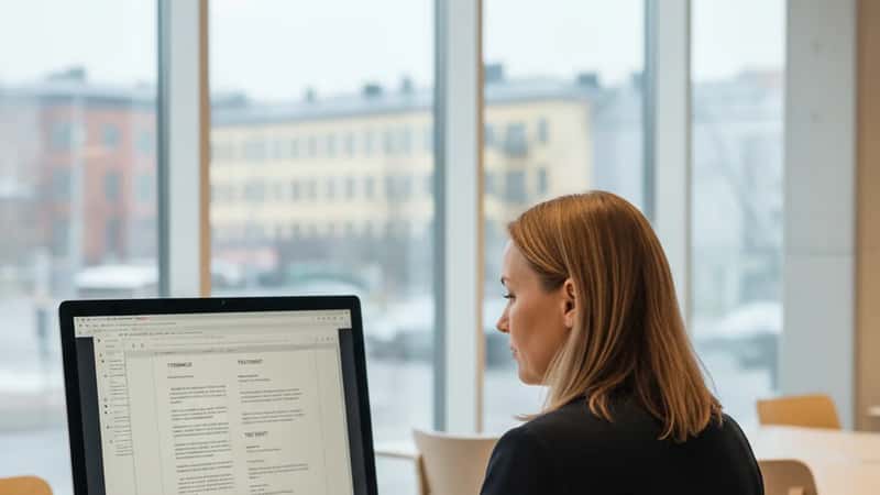 Suomalainen nainen 30-vuotias lukee TES-dokumentteja tietokoneelta modernissa toimistossa Tampereella, skandinaavinen sisustus ja koivupuinen pöytä