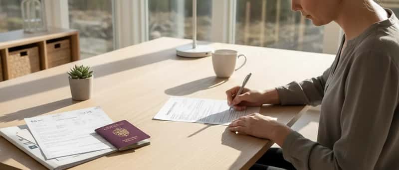 Person som gjennomgår juridiske dokumenter med en advokat på et moderne norsk kontor