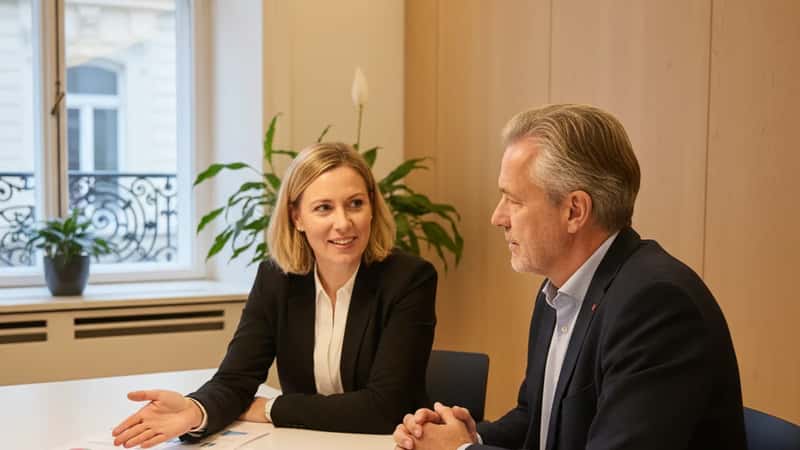 Pensionsrådgivare vid SPV diskuterar flexpensionsprognos med statlig anställd i Örebro: projektionsdiagram och AKAP-KR-underlag på skrivbordet