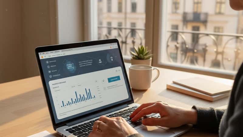 Statlig anställd använder pensionskalkylator på laptop hemma i Göteborg: AKAP-KR pensionsbesked bredvid, eftertänksam finansplaneringstund