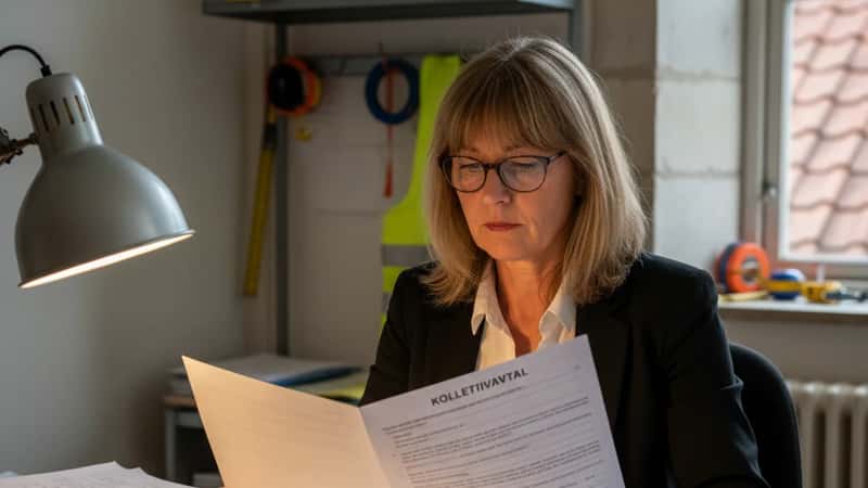 Svensk HR-chef i 50-årsåldern granskar ett kollektivavtalsdokument vid ett skrivbord med hjälmar på hyllan bakom