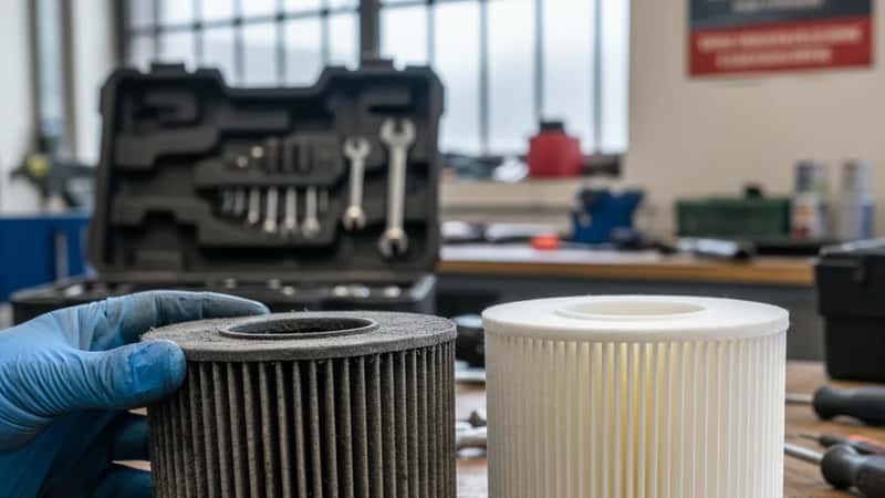 Mécanicien français inspecte le filtre à air d'un moteur pour détecter les causes de surconsommation