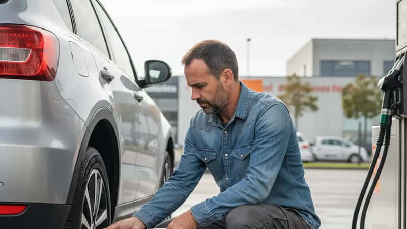 Automobiliste français vérifiant la pression de ses pneus dans une station-service en banlieue de Nantes