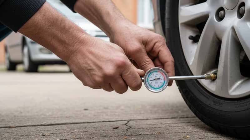 Mains tenant un manomètre sur la valve d'un pneu de voiture dans une allée à Toulouse