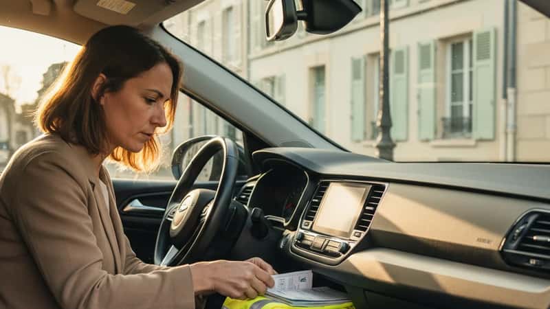 Femme française rangeant des documents et un gilet jaune dans la boîte à gants d'une voiture familiale à Nantes