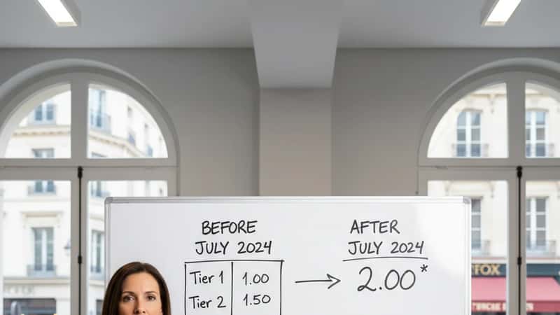 Las Vegas Nevada hotel HR director compares wage tier charts on a whiteboard showing pre-2024 vs unified $12.00 rate, fluorescent office lighting