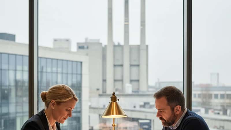 HR-chef och facklig representant går igenom lönepotter och avtalsvillkor vid ett konferensbord intill ett pappersbruk i Göteborg