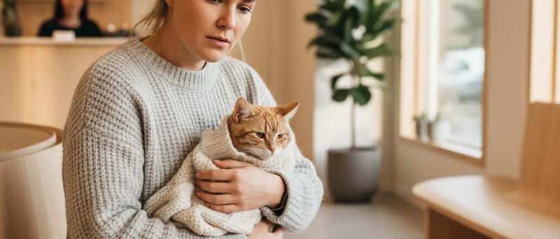 Bekymret kvinne holder en katt pakket inn i et teppe på en veterinærklinikk i Norge