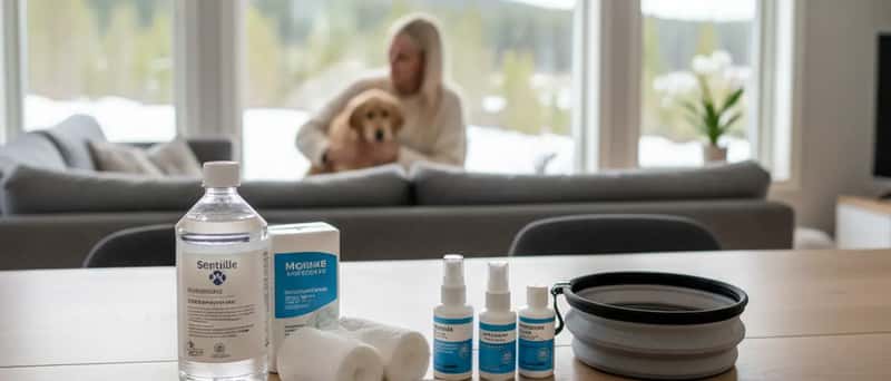 Førstehjelpsutstyr for kjæledyr med gasbind, termometer og saltvann på et kjøkkenbord