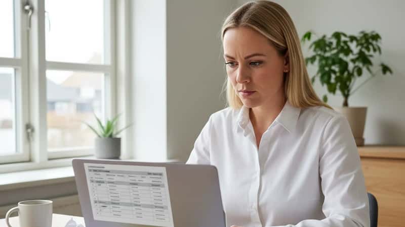 Dansk kvinde i Kolding gennemgår lønberegning på laptop ved hjemmekontor