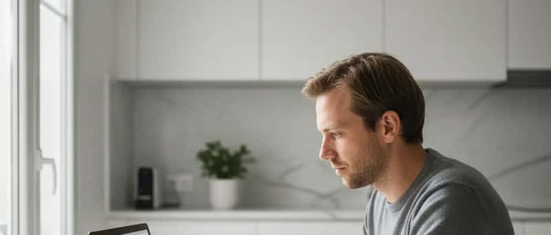 Mies etsii asianajajaa kannettavalta tietokoneelta valoisassa helsinkiläisessä keittiössä