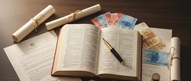 Documents juridiques et francs suisses sur un bureau en bois, stylo posé sur un code de loi ouvert