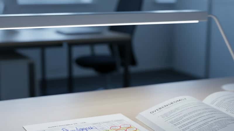Overtidsoversigt med anmærkninger på skrivebordet i kommunalt rehabiliteringscenter i Herning