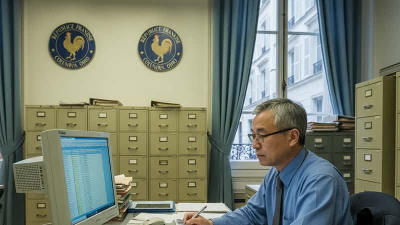 Ohio government employee reviewing sick leave accrual records at government-issue desk in Columbus Ohio office