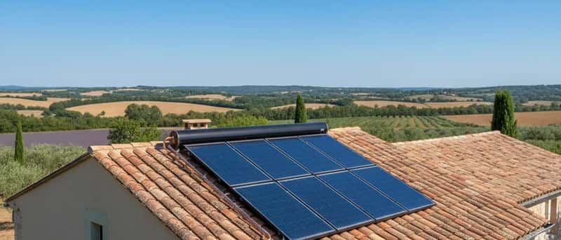 Panneaux solaires thermiques sur un toit en tuiles d'une maison provençale sous ciel bleu