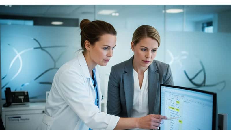 Dansk kvindelig læge og HR-medarbejder gennemgår digitalt arbejdsskema med transporttidsregistreringer på computerskærm i Herning hospital