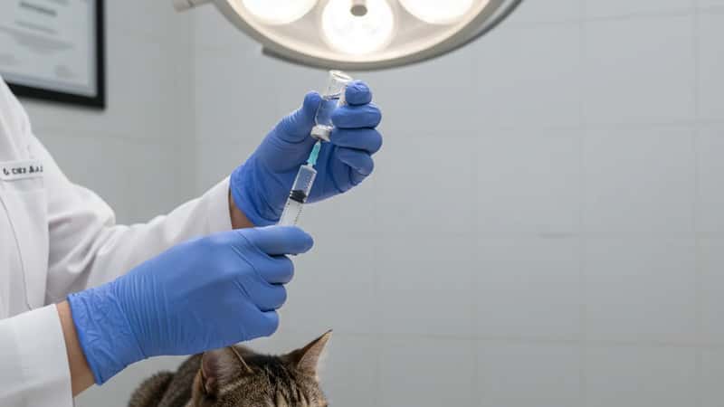 Veterinária em Curitiba preparando seringa de vacina enquanto gato tabby aguarda calmamente sobre mesa de exame clínica