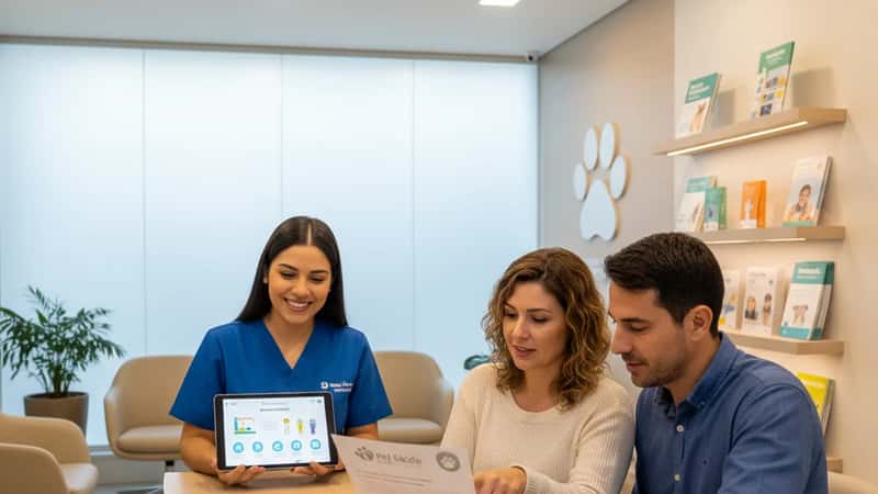 Casal brasileiro em São Paulo revisando plano de saúde pet com atendente em clínica veterinária moderna