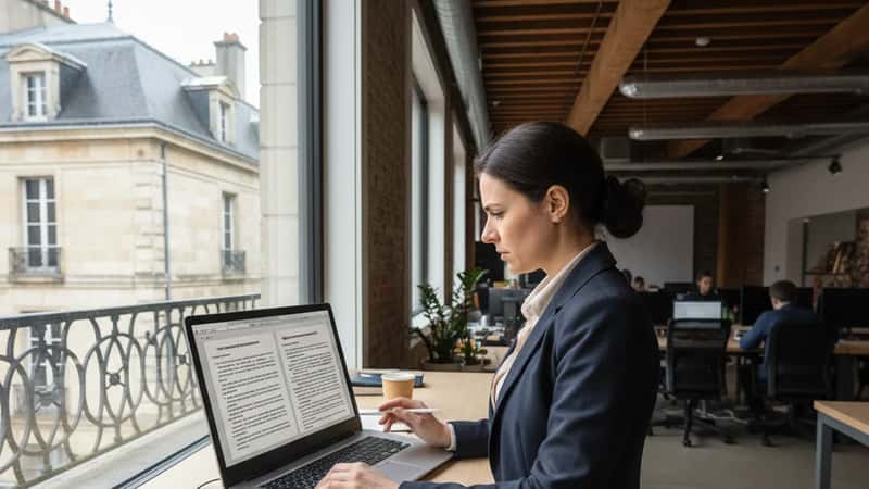 Alaskan woman reviewing non-compete policies on laptop at Fairbanks co-working space, overcast window light