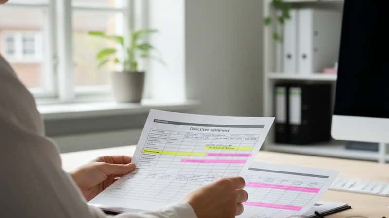 HR-administrator sammenligner feriekalender og overenskomst på kontor i Silkeborg, naturligt dagslys fra sidevindue, læsebriller på bordet