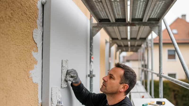 Österreichischer Bauarbeiter in Graz installiert Dämmplatten auf einer Hausfassade – Thermosanierung in der Praxis
