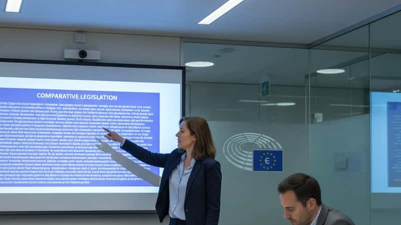 EU regulatory officer presenting comparative online hate speech legislation at a Brussels meeting room wall screen