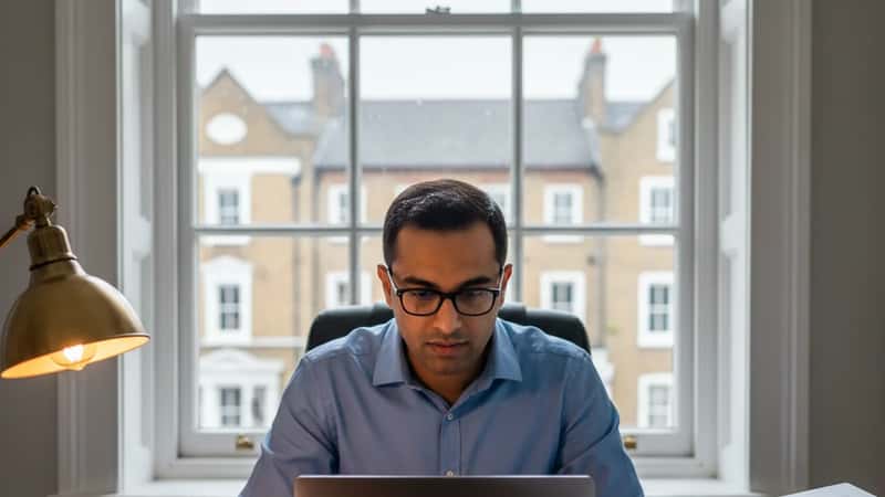 London solicitor reviewing Online Safety Act consultation documents at a sash-window desk with Ofcom correspondence on screen