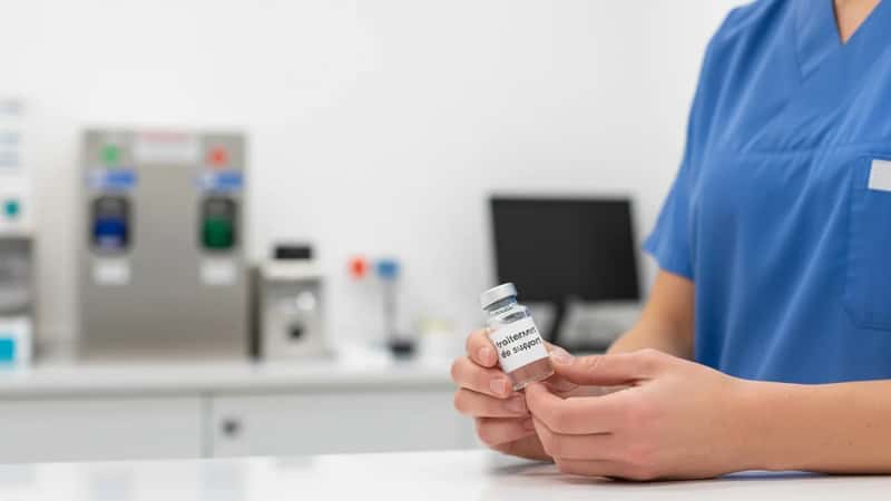 Pharmacien hospitalier tenant un flacon de traitement de support