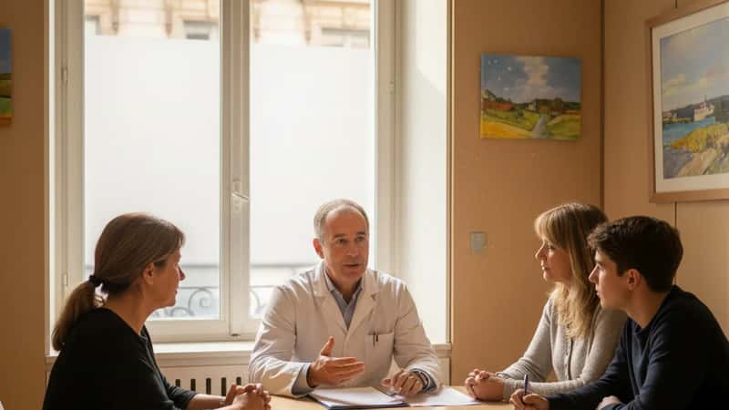 Spécialiste en maladies infectieuses consultant une famille à Grenoble