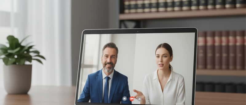 Consulta jurídica online numa sala de estar moderna em Lisboa, com documentos legais visíveis no ecrã