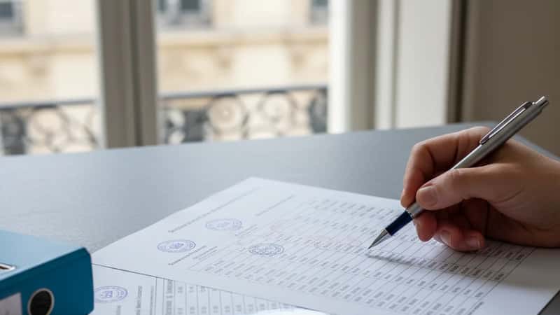 Närbild av officiella statliga lönedokument med tabell och signatur på ett grått skrivbord, en hand med penna pekar på en lönekolumn