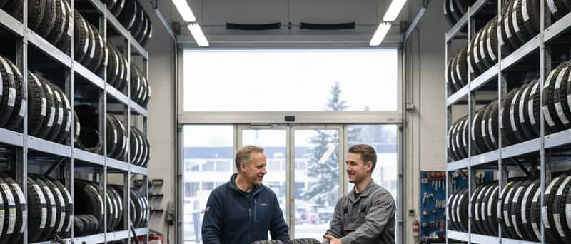 Mann leverer vinterdekk til mekaniker i et norsk dekkverksted med oppbevaringsreoler i bakgrunnen