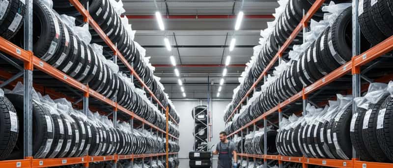 Profesjonelt dekkhotell-lager med vinterdekk organisert på stålhyller med merkelapper