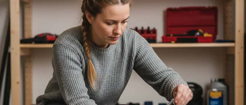 Kvinne sjekker mønsterdybde på vinterdekk med måleverktøy i garasjen hjemme