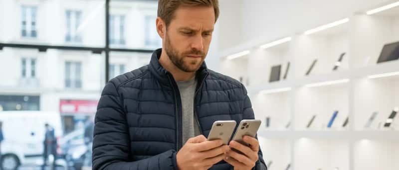 Íslenskur maður ber saman tvo snjallsíma við rafeindabúðarborð í Reykjavík